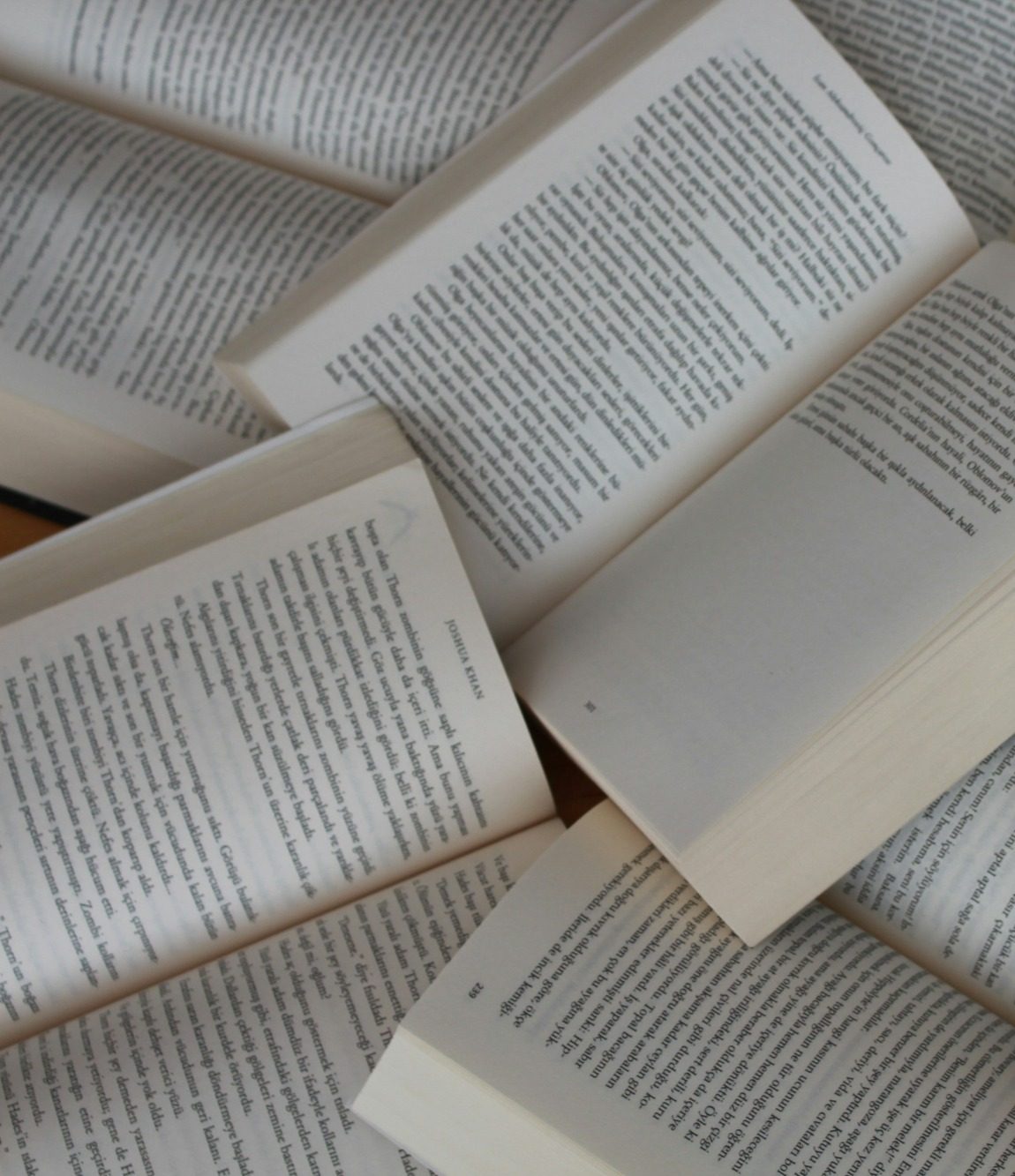 Symbolfoto aufgeschlagene Bücher Verschiedene aufgeschlagene Bücher mit Text auf den Seiten liegen verstreut.